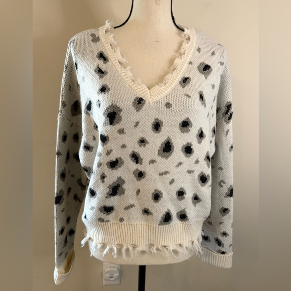 Cloud Chaser Sweaters - Cloud Chaser leopard print boho sweater cream black gray fringe frayed hems Med